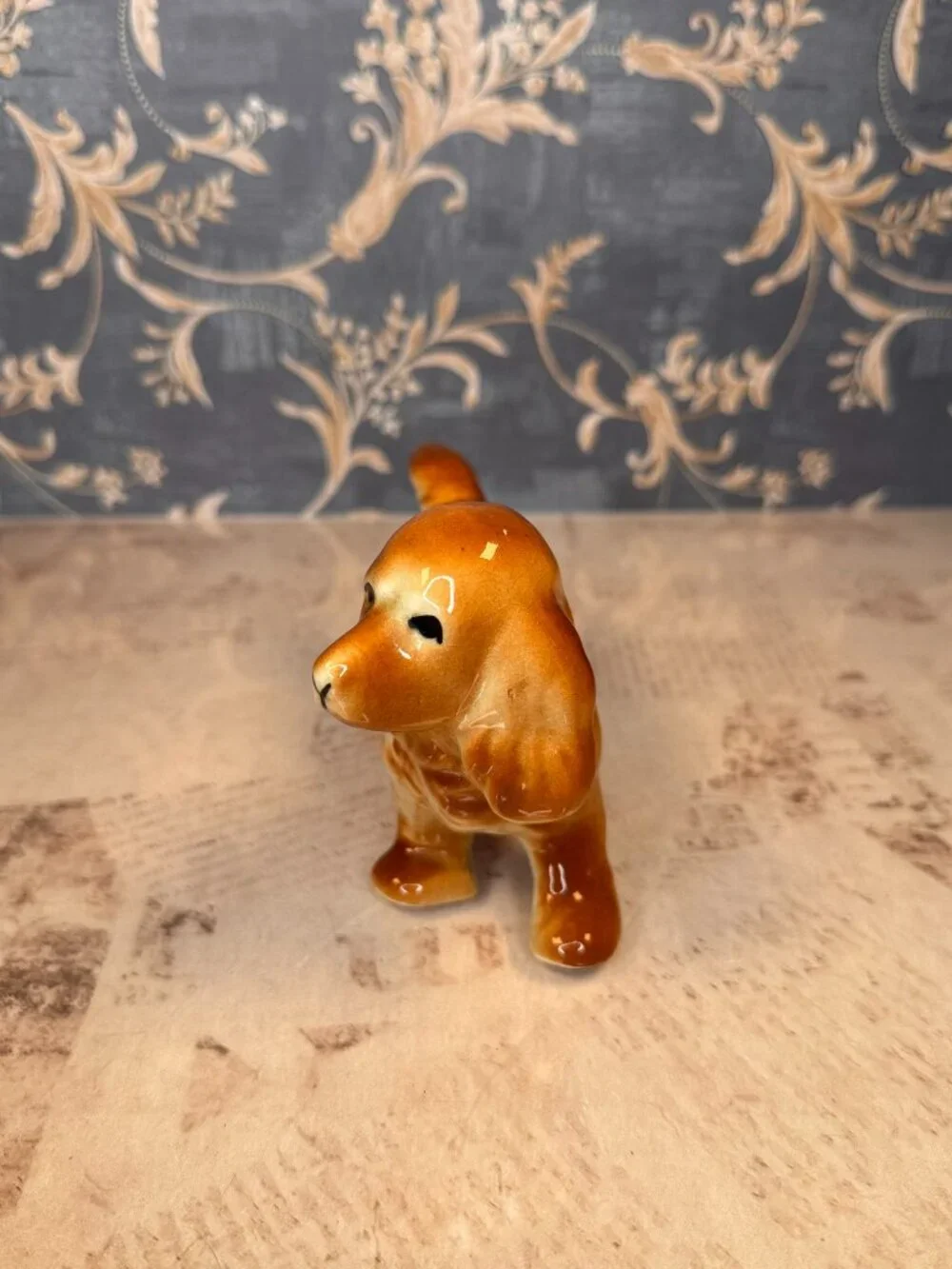 Vintage Porcelain Spaniel Figurine Orange & White Dog Statue